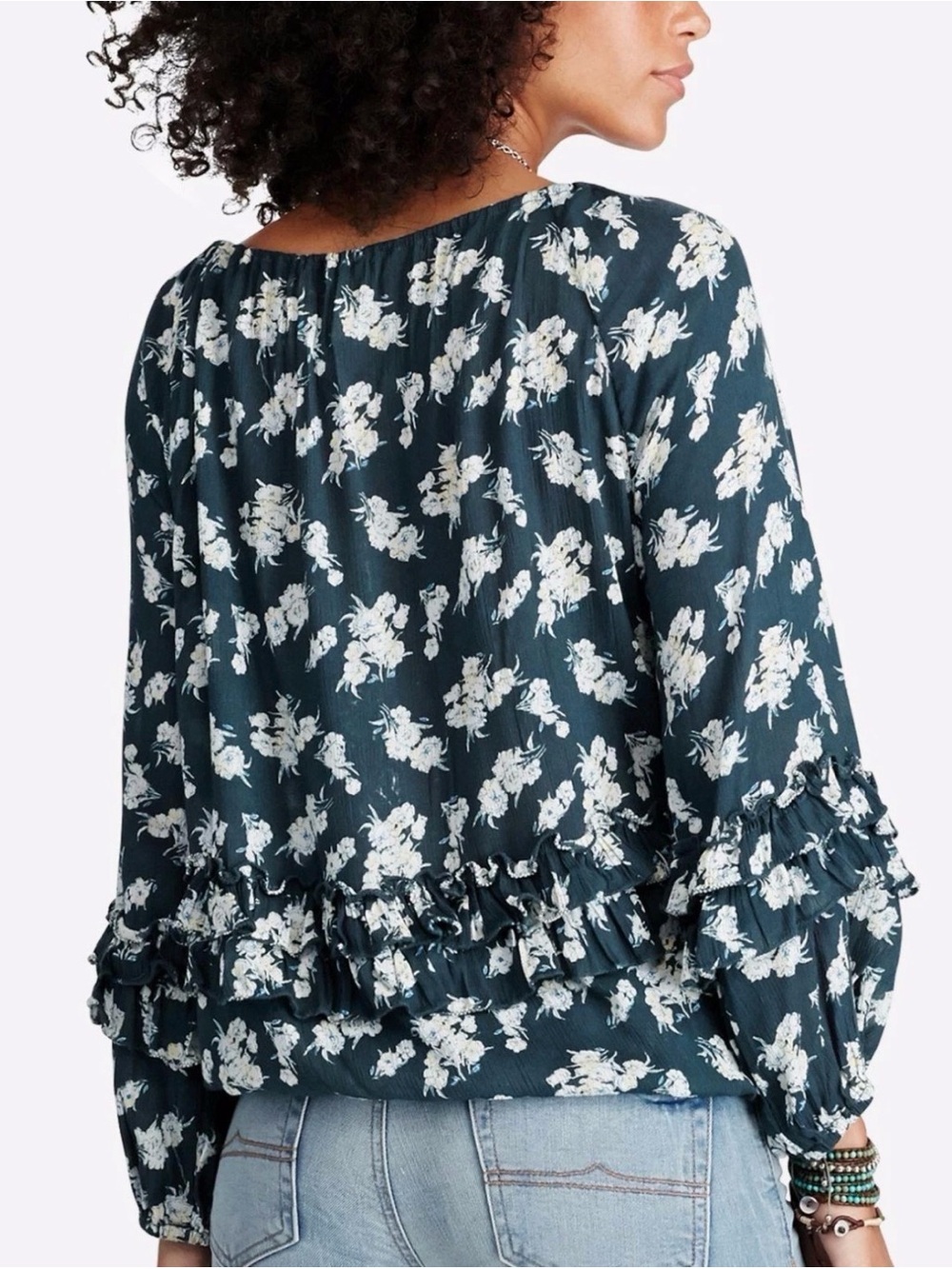 RL BOHO Denim & Supply Ralph Lauren Blue Floral Cottage Peasant Blouse Top - Picture 2 of 13